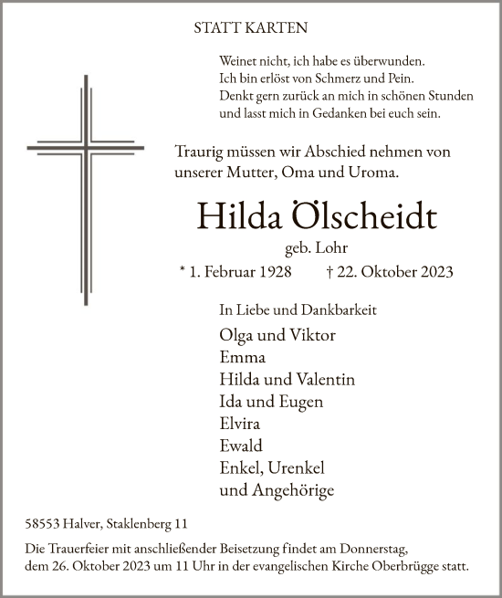 Todesanzeige von Hilda Ölscheidt von WA