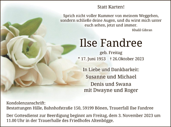 Todesanzeige von Ilse Fandree von WA