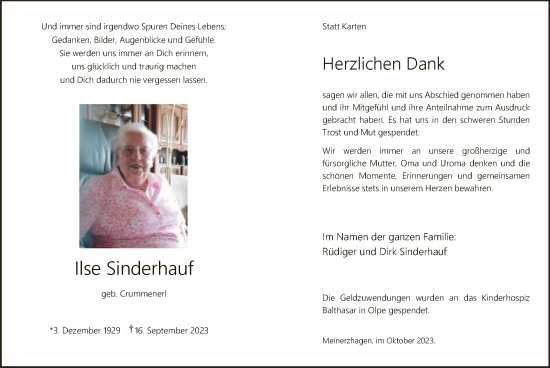 Todesanzeige von Ilse Sinderhauf von WA