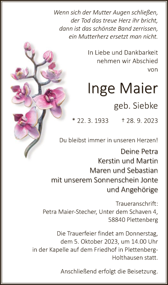 Todesanzeige von Inge Maier von WA