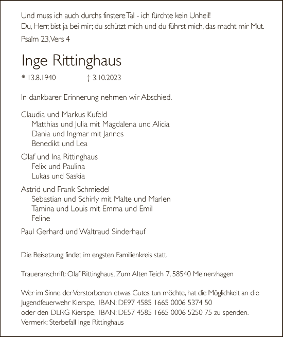 Todesanzeige von Inge Rittinghaus von WA