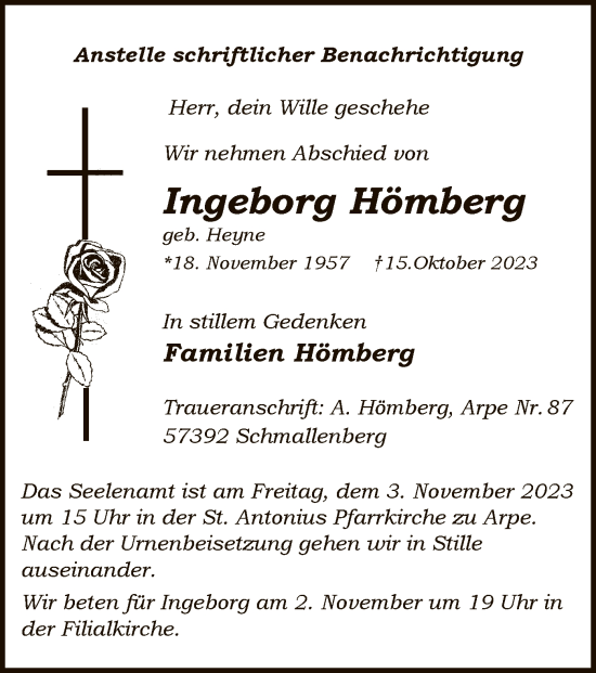 Todesanzeige von Ingeborg Hömberg von WA