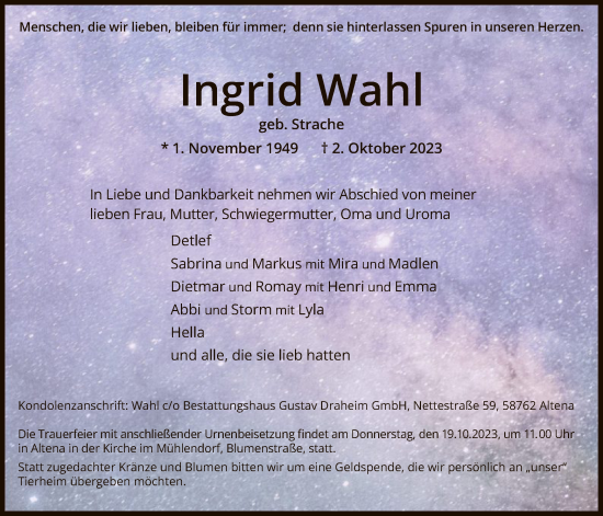 Todesanzeige von Ingrid Wahl von WA