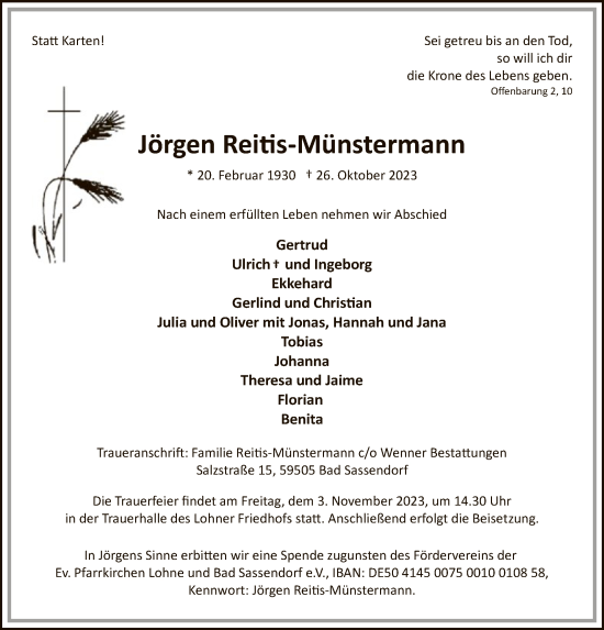 Todesanzeige von Jörgen Reitis-Münstermann von WA