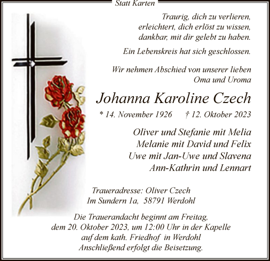 Todesanzeige von Johanna Karoline Czech von WA