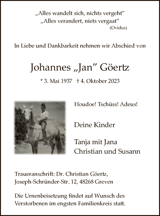 Todesanzeige von Johannes Göertz von WA