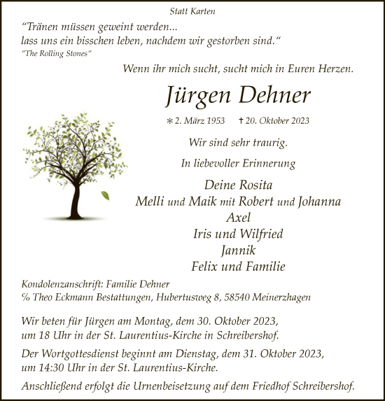 Todesanzeige von Jürgen Dehner von WA