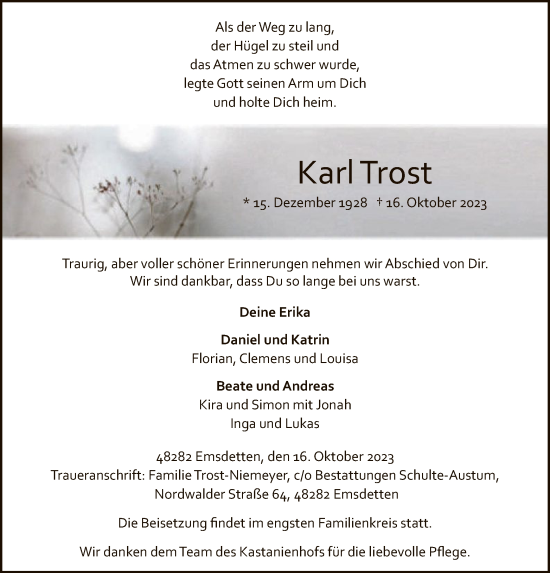 Todesanzeige von Karl Trost von WA