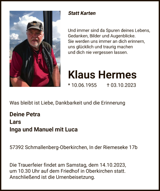 Todesanzeige von Klaus Hermes von WA