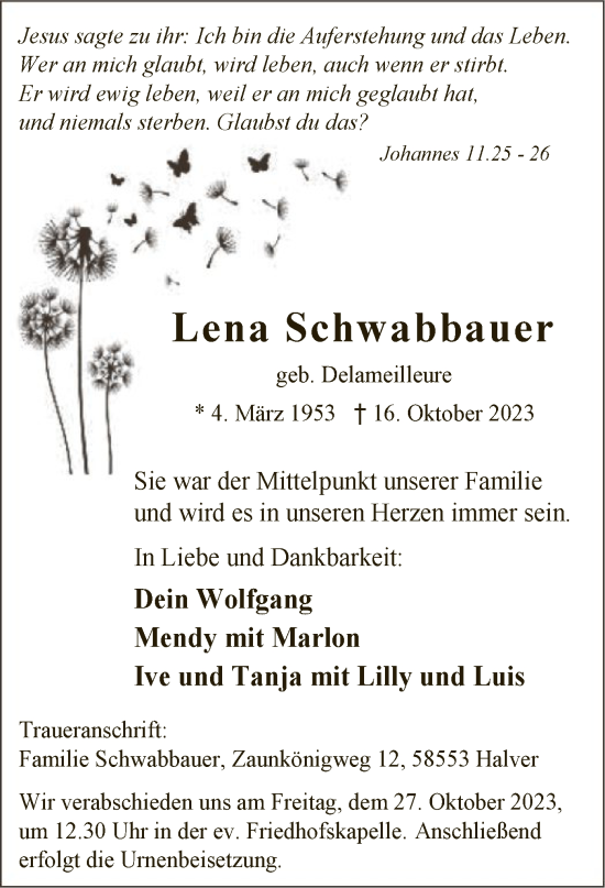 Todesanzeige von Lena Schwabbauer von WA