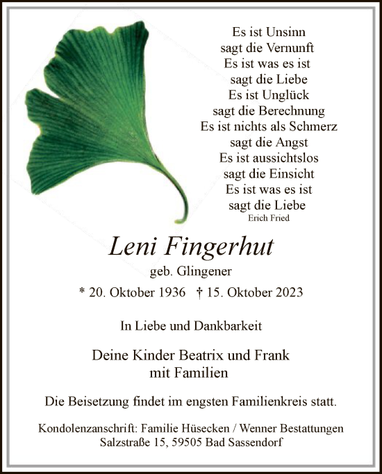 Todesanzeige von Leni Fingerhut von WA