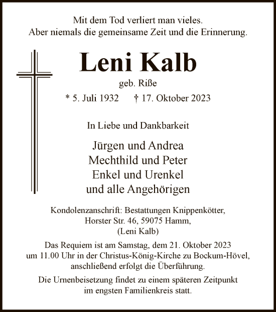 Todesanzeige von Leni Kalb von WA