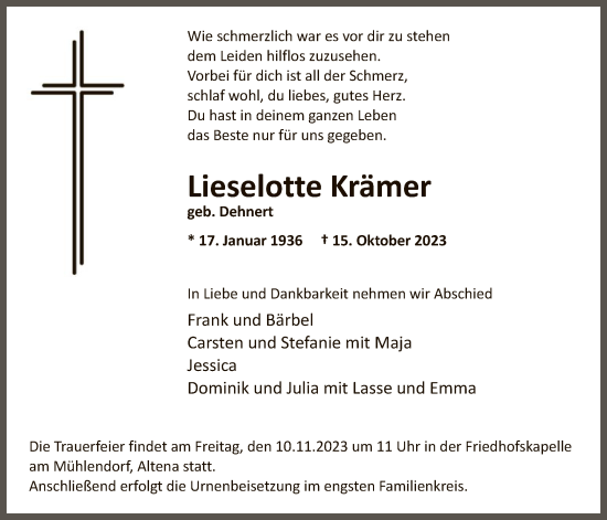 Todesanzeige von Lieselotte Krämer von WA