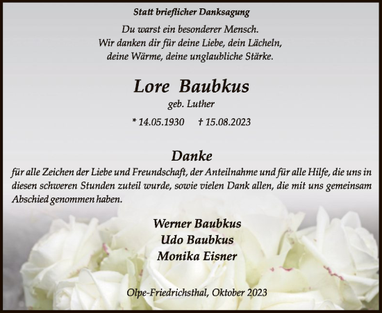 Todesanzeige von Lore Baubkus von WA