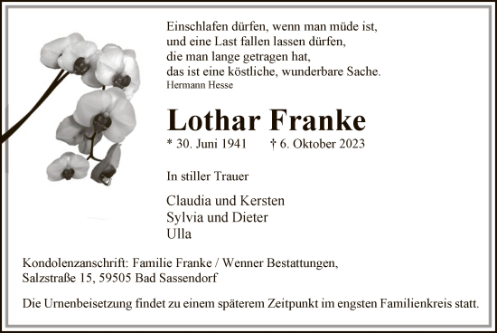 Todesanzeige von Lothar Franke von WA