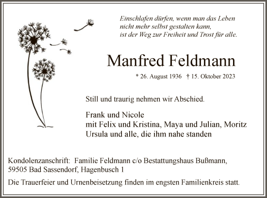 Todesanzeige von Manfred Feldmann von WA