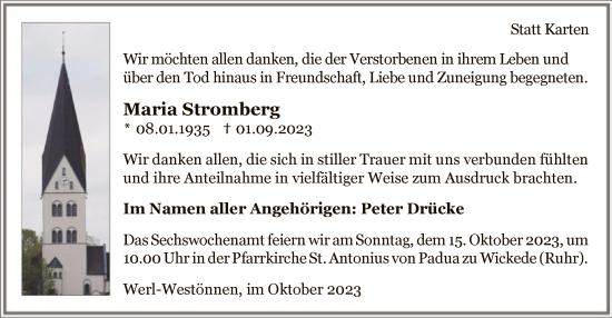 Todesanzeige von Maria Stromberg von WA