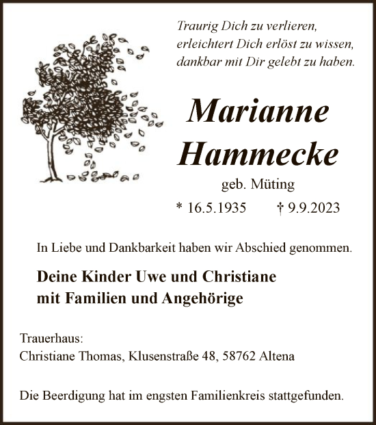 Todesanzeige von Marianne Hammecke von WA