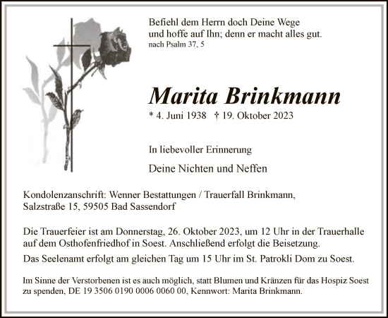 Todesanzeige von Marita Brinkmann von WA