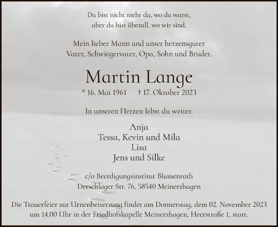 Todesanzeige von Martin Lange von WA