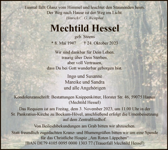 Todesanzeige von Mechtild Hesse von WA
