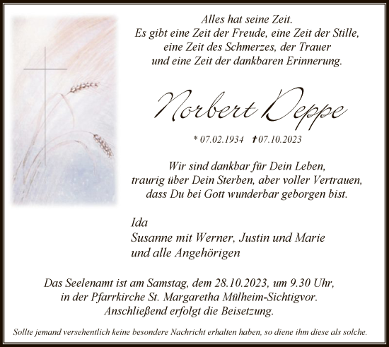 Todesanzeige von Norbert Deppe von WA