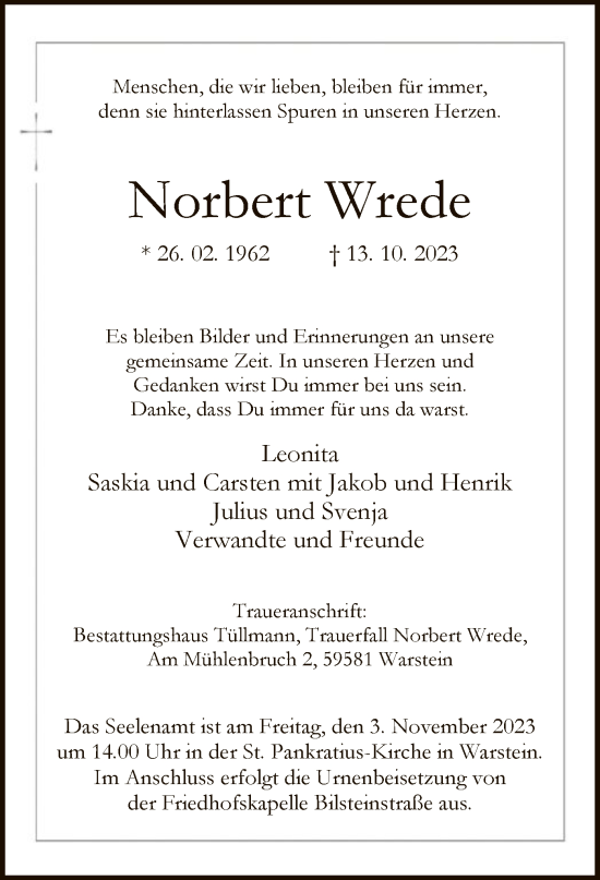 Todesanzeige von Norbert Wrede von WA