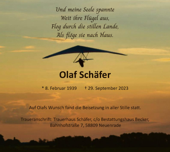 Todesanzeige von Olaf Schäfer von WA