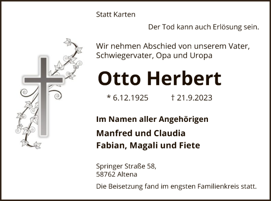 Todesanzeige von Otto Herbert von WA