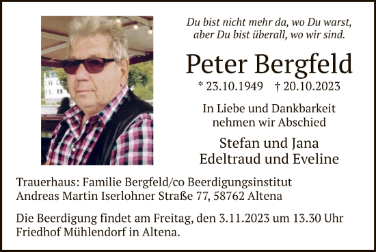 Todesanzeige von Peter Bergfeld von WA