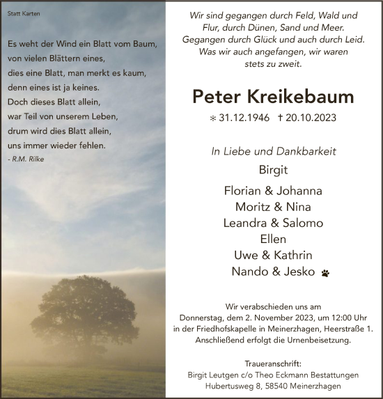 Todesanzeige von Peter Kreikebaum von WA