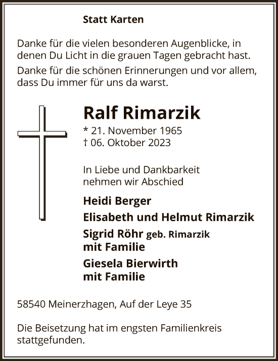 Todesanzeige von Ralf Rimarzik von WA