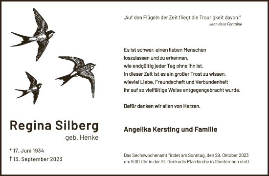Todesanzeige von Regina Silberg von WA