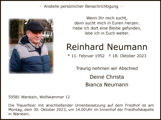 Todesanzeige von Reinhard Neumann von WA