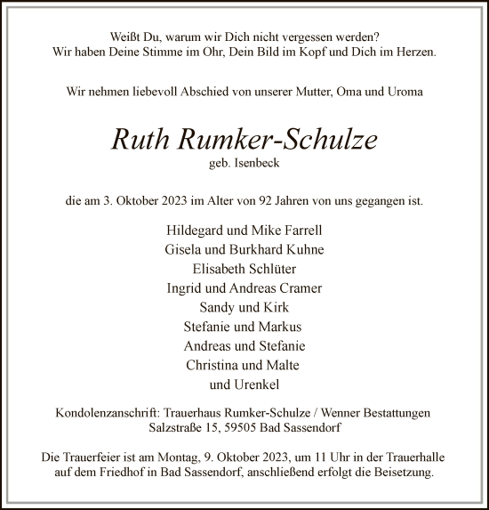 Todesanzeige von Ruth Rumker-Schulze von WA