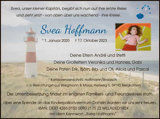 Todesanzeige von Svea Hoffmann von WA