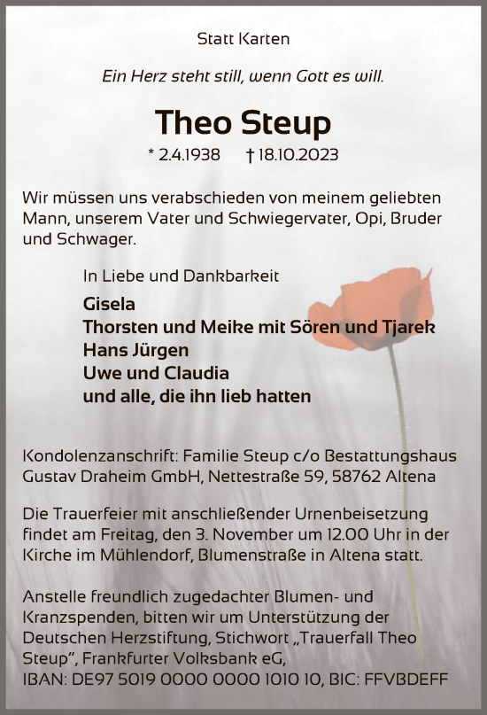 Todesanzeige von Theo Steup von WA