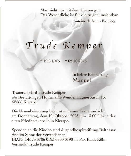 Todesanzeige von Trude Kemper von WA