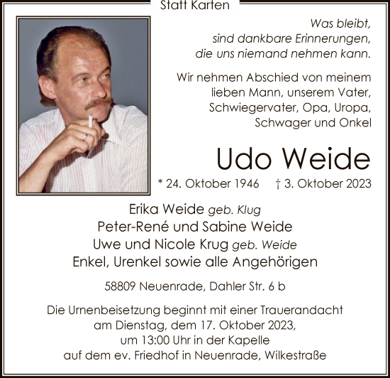 Todesanzeige von Udo Weide von WA