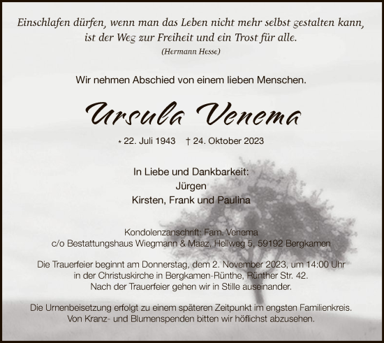 Todesanzeige von Ursula Venema von WA