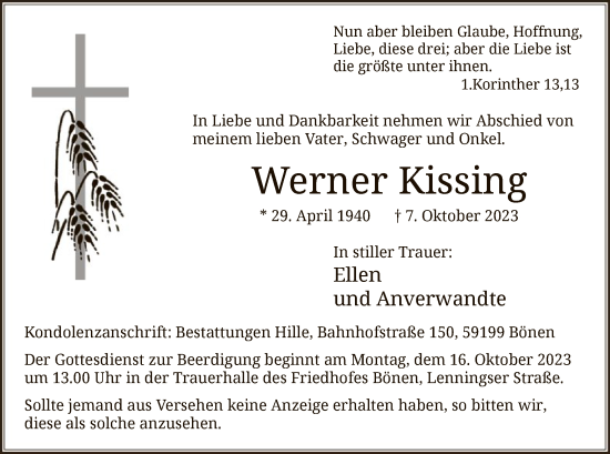 Todesanzeige von Werner Kissing von WA