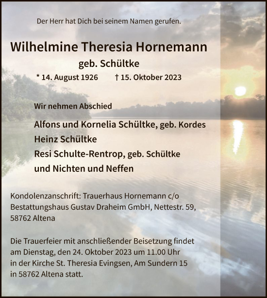 Todesanzeige von Wilhelmine Theresia Hornemann von WA