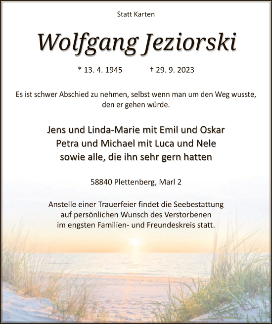 Todesanzeige von Wolfgang Jeziorski von WA