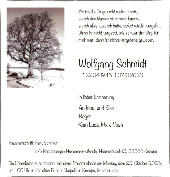 Todesanzeige von Wolfgang Schmidt von WA
