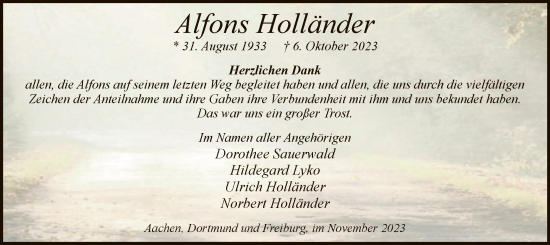 Todesanzeige von Alfons Holländer von WA