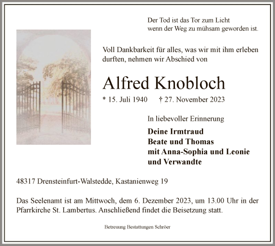 Todesanzeige von Alfred Knobloch von WA