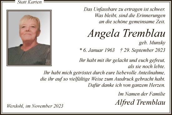 Todesanzeige von Angela Tremblau von WA