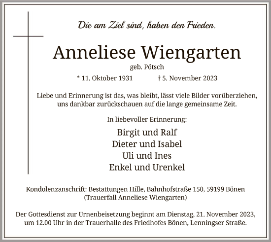 Todesanzeige von Anneliese Wiengarten von WA