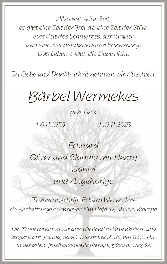 Todesanzeige von Bärbel Wermekes von WA