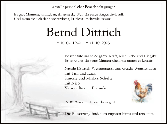 Todesanzeige von Bernd Dittrich von WA